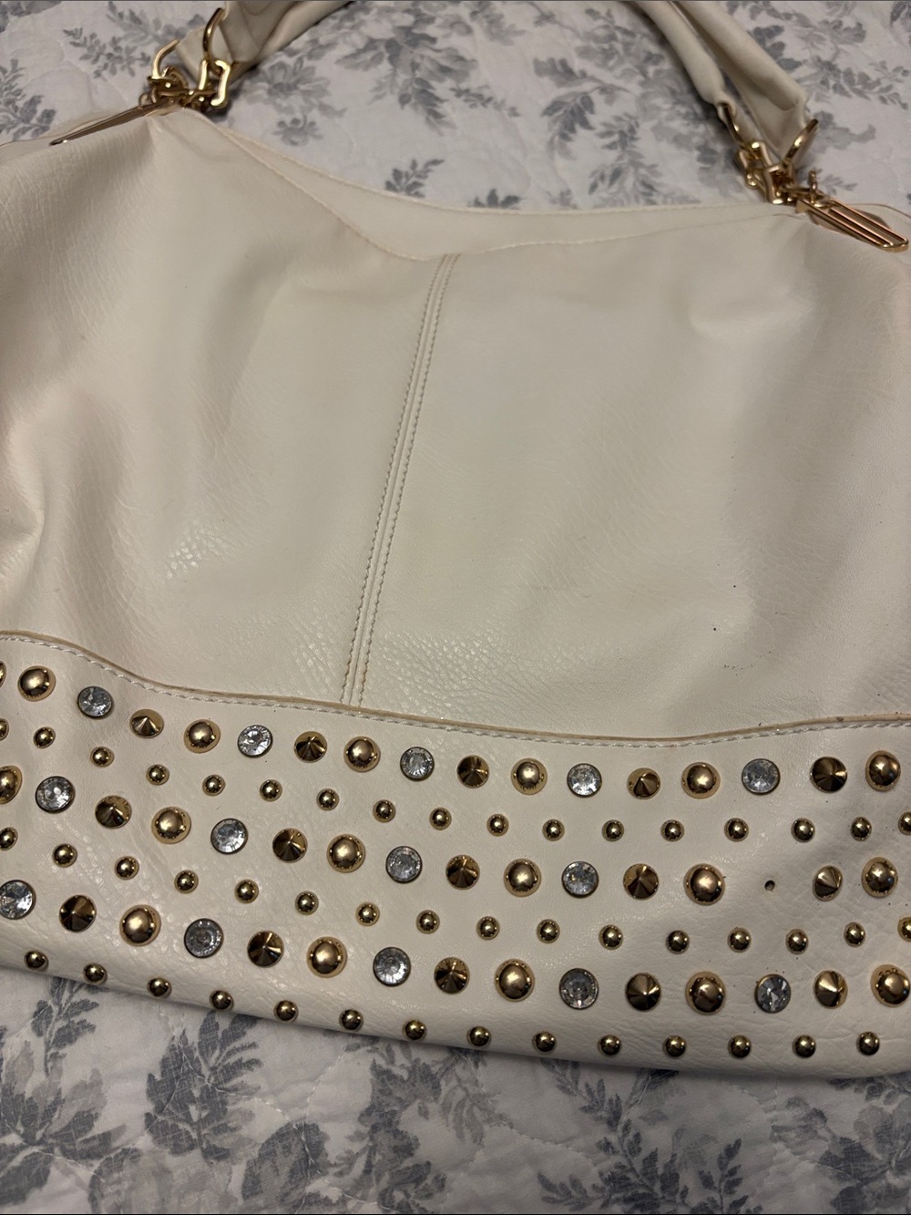 White Studded Leather Hobo Bag - Elegant Everyday Shoulder Bag